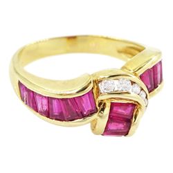 18ct gold ruby and diamond crossover ring, channel set with fifteen calibre cut rubies and seven graduated brilliant cut diamonds