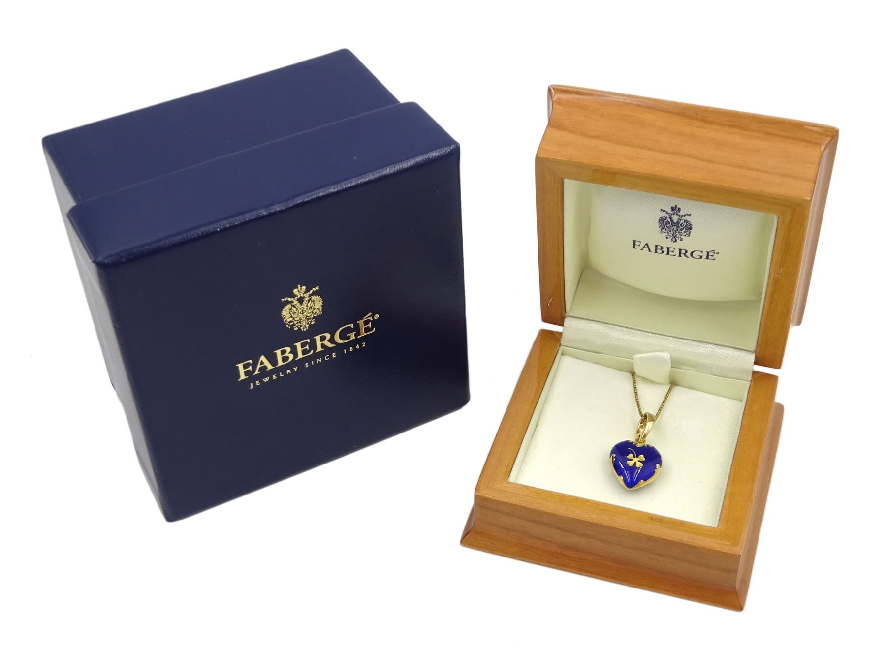 Victor Mayer for Faberge 18ct gold blue enamel heart shaped pendant, with applied gold four leaf clover decoration, limited edition No. 722/1000, on silver-gilt chain necklace, boxed