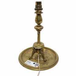 Brass table lamp, of antique design with classical figures on a circular base, H29cm