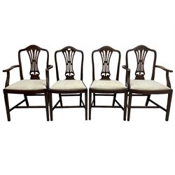 Set of six (4+2) mahogany Hepplewhite design dining chairs, pierced and flared back splat over drop-in seats upholstered in cream fabric, raised on square tapering supports united by stretchers