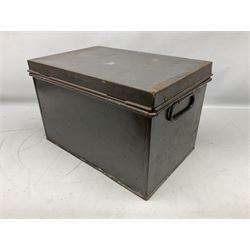 Assorted militaria including ten leather or canvas cartridge and other belts, maroon beret with 17th Lancers cap badge, modern bullet mould, leather and brass shot flask, two knives, shell cases, boomerang etc; in tin deed box