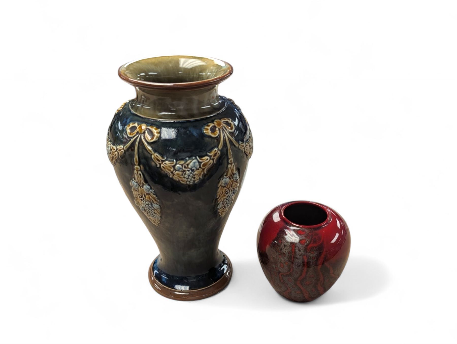 Doulton Lambeth stoneware vase, together with a small Royal Doulton Flambe vase
