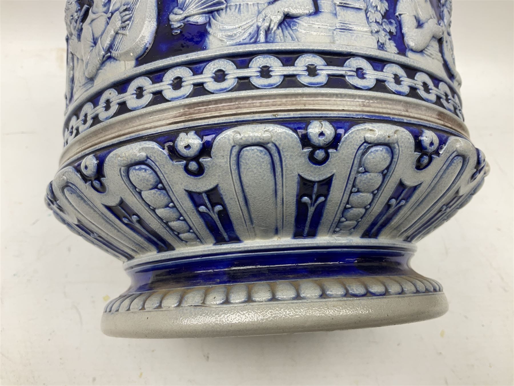 Three jardinières comprising West German Gerz example decorated in relief, Doulton Slaters example with frilled everted rim and a majolica example, and a further two Arthur Wood majolica jugs (5)