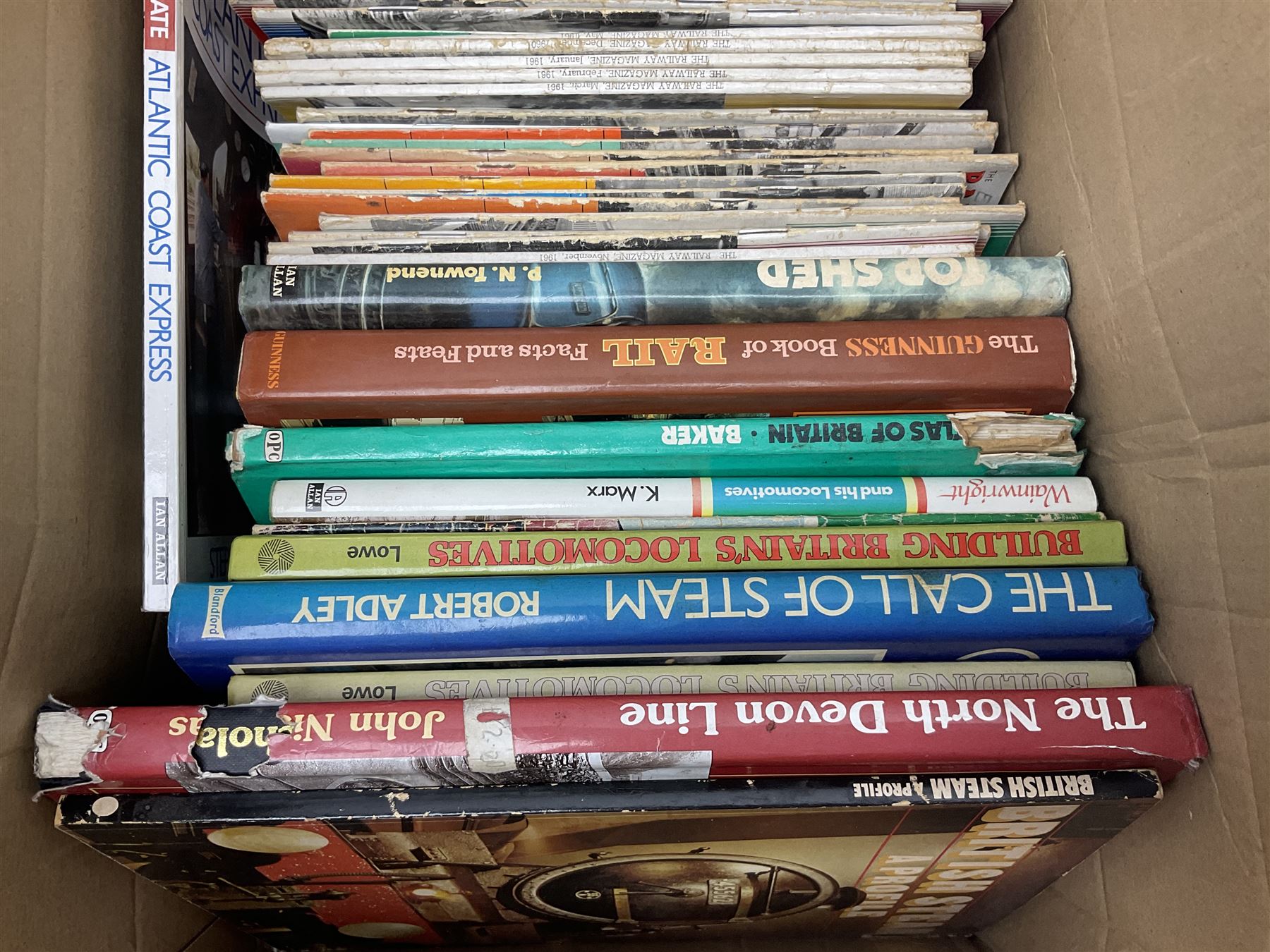 Two boxes of railway books, to include West Country Railway History, Linton and Barnstable Railway,  The King's Cross Story, Railway Photographer etc