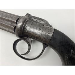 19th century percussion six-shot pepperbox revolver, approximately 32 calibre with 7.5cm barrels, L21cm overall