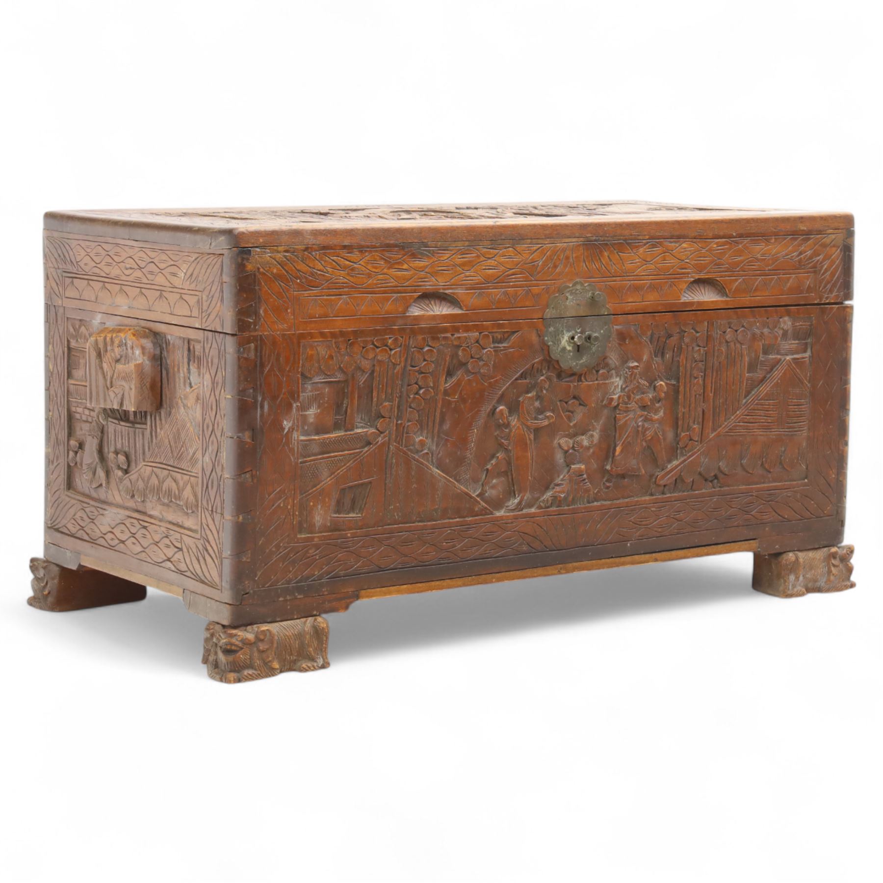 Early 20th-century Chinese carved camphor wood blanket box