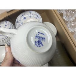 Masons and Furnival Denmark pattern blue and white tea wares, together with a Royal Worcester trinket box, Leedsware bowl and other ceramics and glassware, in four boxes