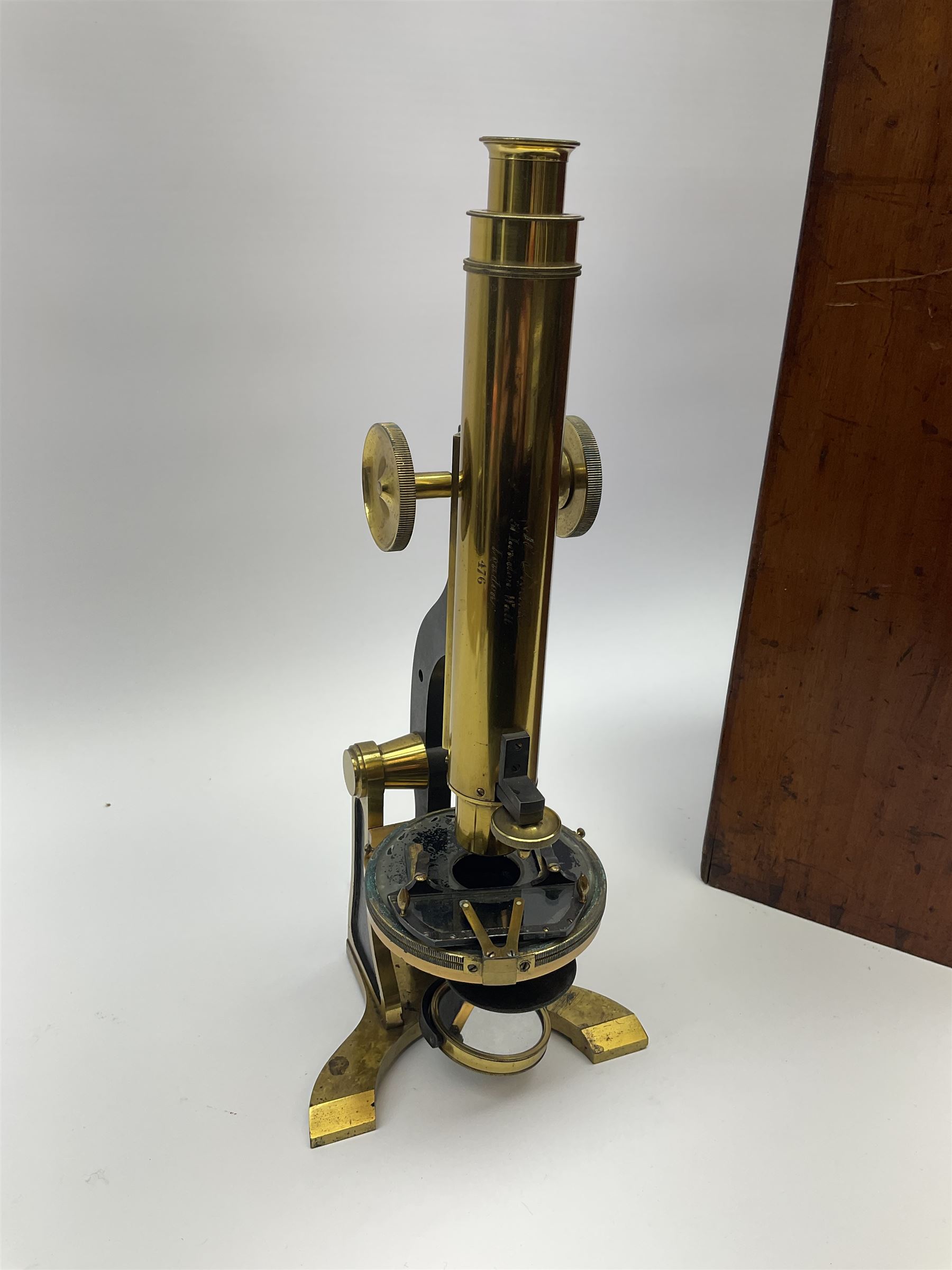 19th century Henry Crouch lacquered brass and black monocular microscope inscribed 'H. Crouch 51 London Wall London 476' with rack and pinion focusing H36cm, in fitted mahogany carrying case with extra lenses, twenty-six predominantly annotated prepared glass slides by W. Watson, Richard Suter, Wheeler, Thomas Groves etc including one marked Prize Medal Paris 1867, eight Walter White prepared card mounted slides and five original packets of C.J. Watkins unprepared specimens.