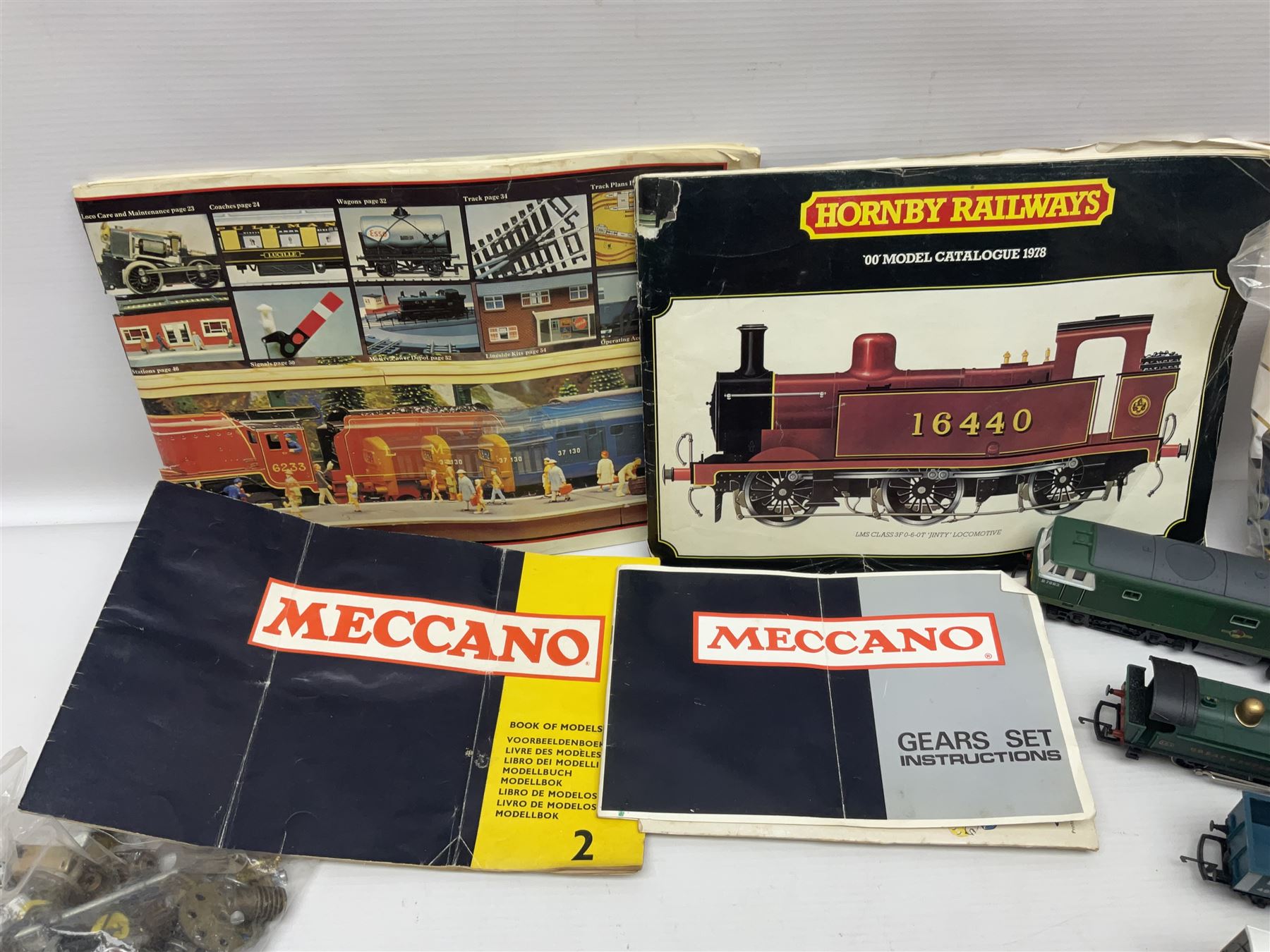 Hornby '00' gauge - Class 35 Hymek Diesel Hydraulic B-B locomotive No.D7063; Class 101 Holden Tank 0-4-0 locomotive No.101; nine wagons/coaches; track and controller; and 1978 catalogue; together with small quantity of loose Meccano with two booklets; all unboxed