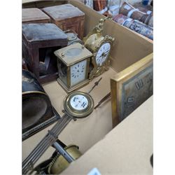 Collection of leather carriage clock cases, brass mantle clocks and parts, brass candlesticks etc, in two boxes