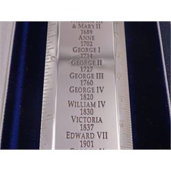 Modern silver Britannia standard 'Rule' ruler, by Richard Jarvis of Pall Mall, engraved with the names and dates of British monarchs from Roman Britain onwards, hallmarked Richard Jarvis, London 2002, L33.5cm, within silk and velvet lined fitted case
