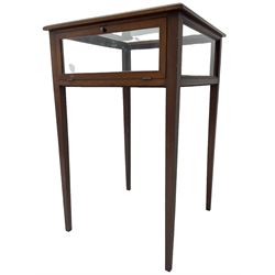 Edwardian inlaid mahogany bijouterie cabinet, glass inset top in moulded frame with satinwood band, fall front glazed door, on square tapering supports 