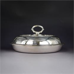 1930s silver tureen, of plain oval from with loop handle and reed decoration, hallmarked H...