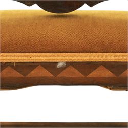 18th century inlaid mahogany armchair, carved back with marquetry panel, overstuffed upholstered seat finished in gold dralon fabric, raised on turned supports united by a stretcher