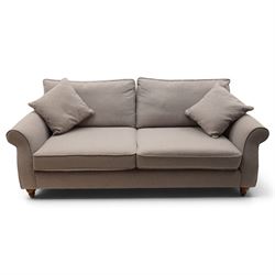Next - contemporary four-seater sofa, upholstered in lilac fabric, square back with scroll...