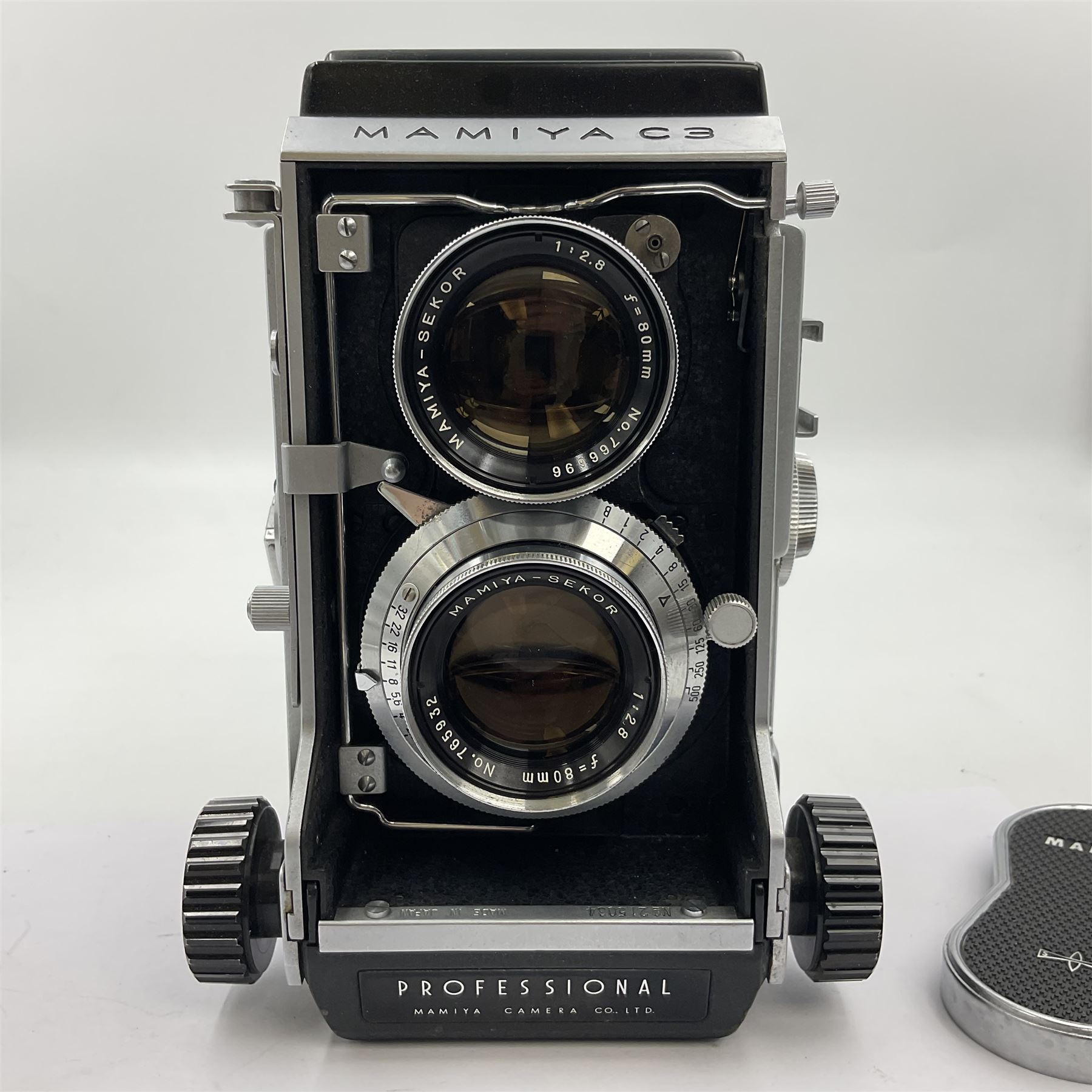Mamiyaflex C3 TLR camera body, serial no. 215034, with 'Mamiya Sekor 1:2.8 f80mm' lens serial no. 765932