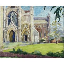 Pamela Chard (British 1926-2003): St Albans Cathedral, oil on board unsigned 49cm x 60cm
Provenance: studio collection of the late William Chard, the artist's husband
Notes: Chard was a British artist and teacher married to fellow artist William Chard (1923-2020). The couple met at the Redfern Gallery in Cork Street, London, and went on to study under several important artists such as Henry Moore, Ceri Richards, and Vivian Pitchforth. They were both active members of 'The Arts Council of Great Britain', and exhibited with the London Group and Drian Gallery.