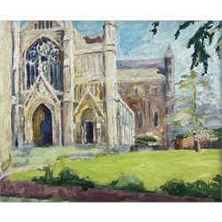 Pamela Chard (British 1926-2003): St Albans Cathedral, oil on board unsigned 49cm x 60cm
Provenance: studio collection of the late William Chard, the artist's husband
Notes: Chard was a British artist and teacher married to fellow artist William Chard (1923-2020). The couple met at the Redfern Gallery in Cork Street, London, and went on to study under several important artists such as Henry Moore, Ceri Richards, and Vivian Pitchforth. They were both active members of 'The Arts Council of Great Britain', and exhibited with the London Group and Drian Gallery.