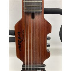 Aria Sinsonido mahogany electric travel guitar, serial no.0502385 L86cm; in original gig bag with earphones and GM11 Minituner; together with Fender Sidekick Reverb 25 amplifier and Marshall MG Series 15DFX amplifier (3)