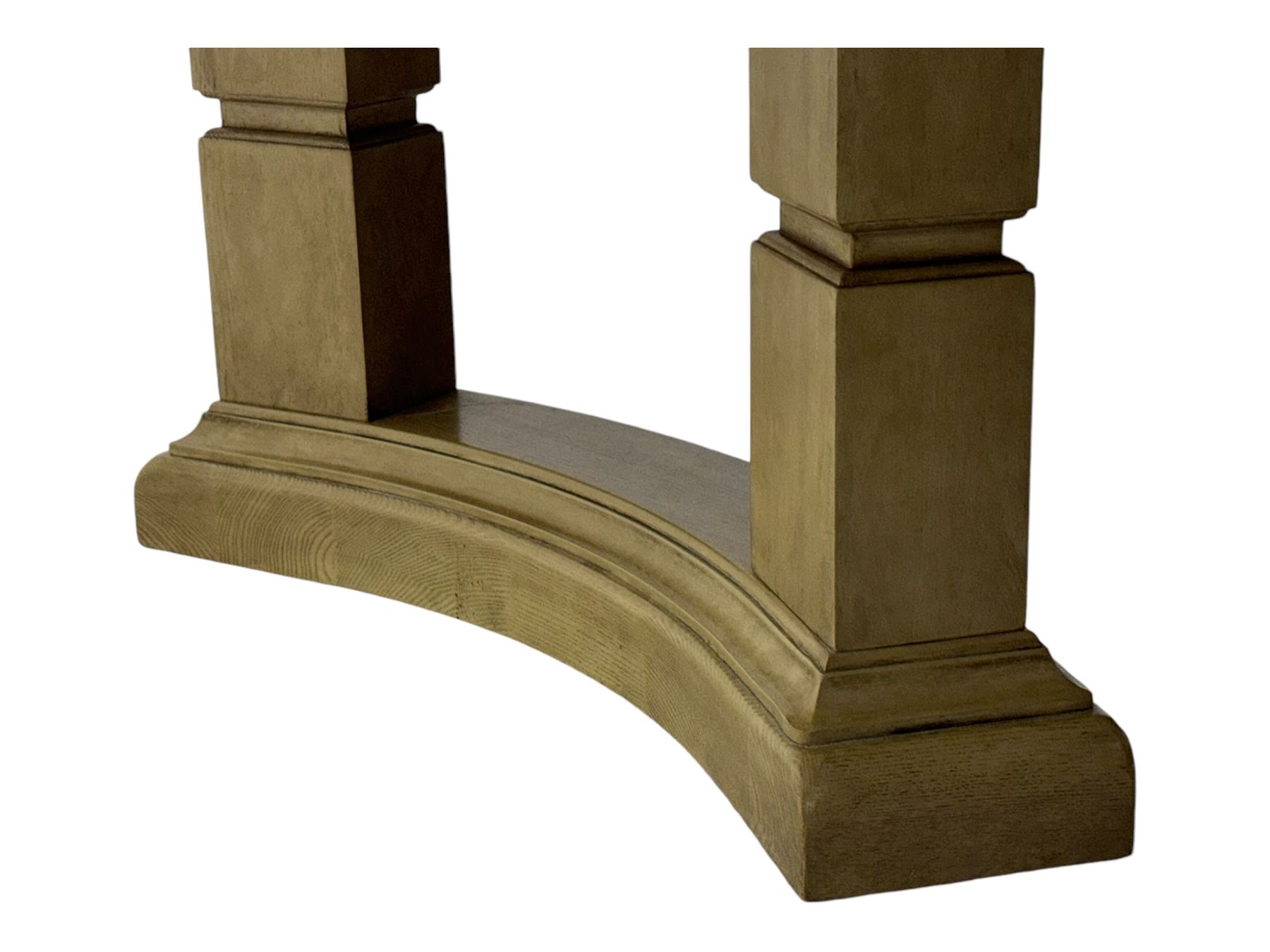 Brunswick - washed oak finish extending dining table, rectangular top with curved ends and carved frieze, central extension leaf, raised on twin pedestals with arched plinth bases and square-sectioned column supports; set of eight (6+2) high-back dining chairs upholstered in beige velvet fabric