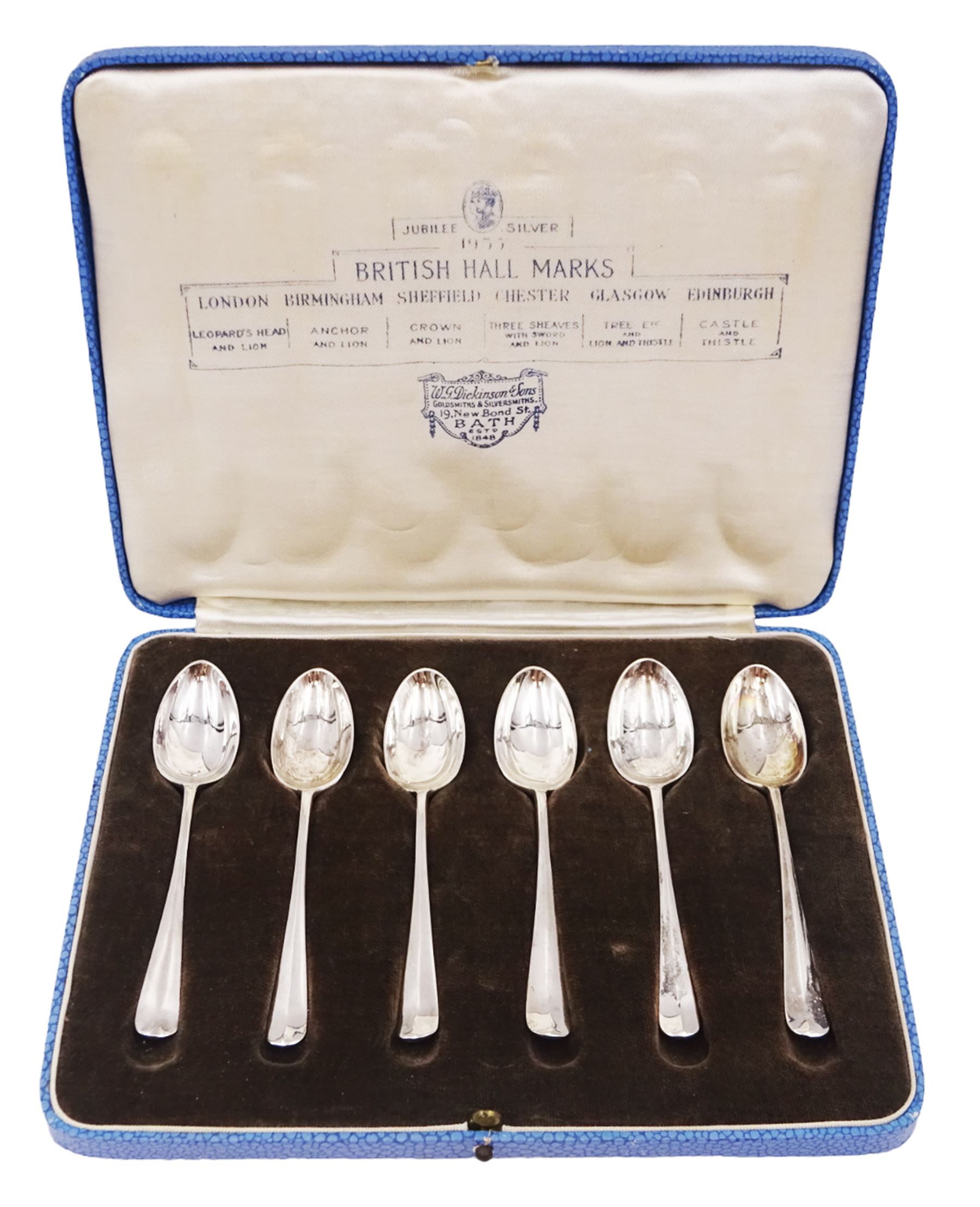 Set of six 1930s silver 'British Hallmarks' spoons by Roberts & Belk Ltd, each depicting a different British hallmark, dated 1935, in fitted case