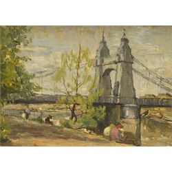 Mary William-Powlett (British Mid-20th century): Figures at Hammersmith Bridge - London, o...