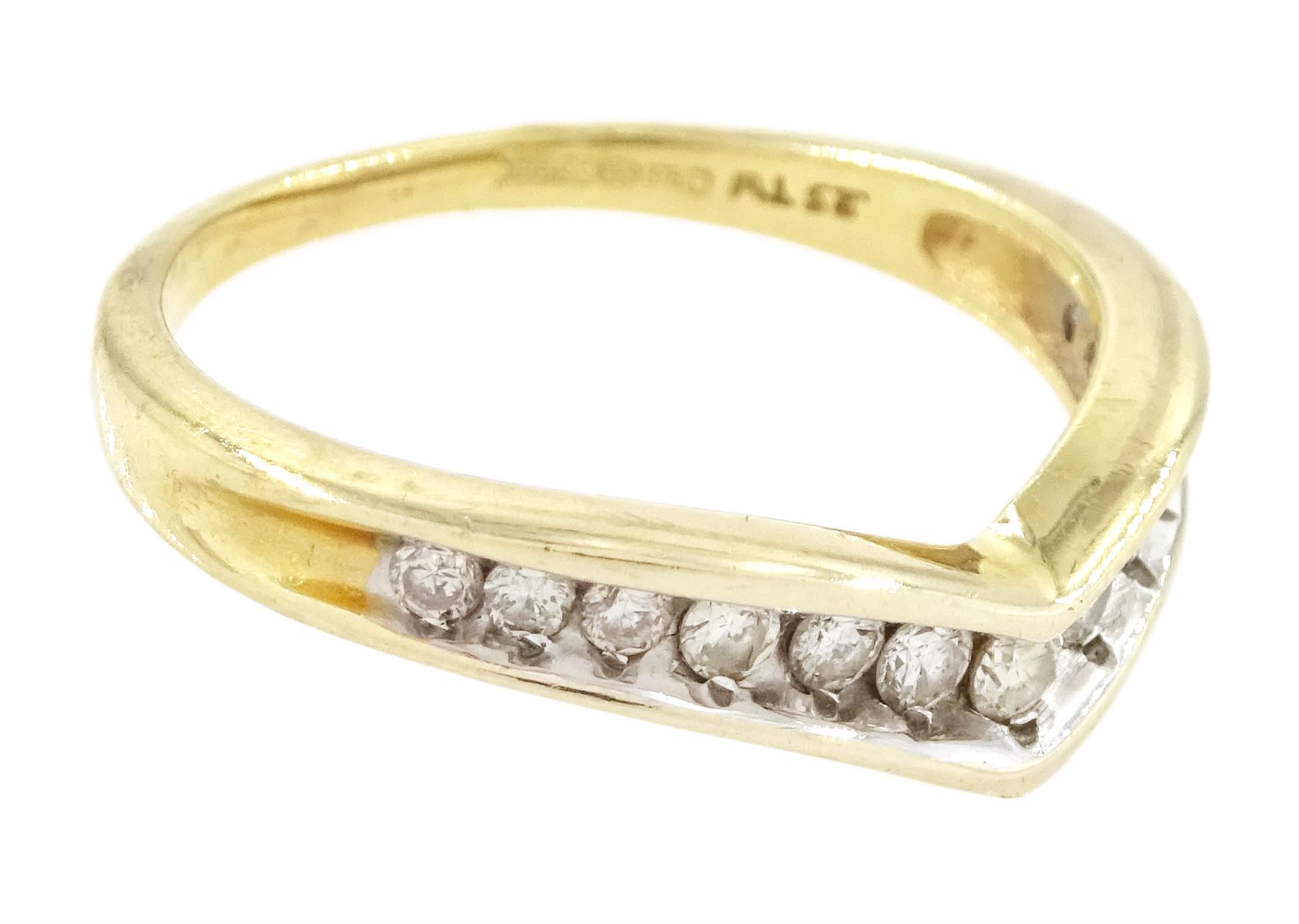 9ct gold diamond wishbone ring, channel set with thirteen round brilliant cut diamonds, hallmarked