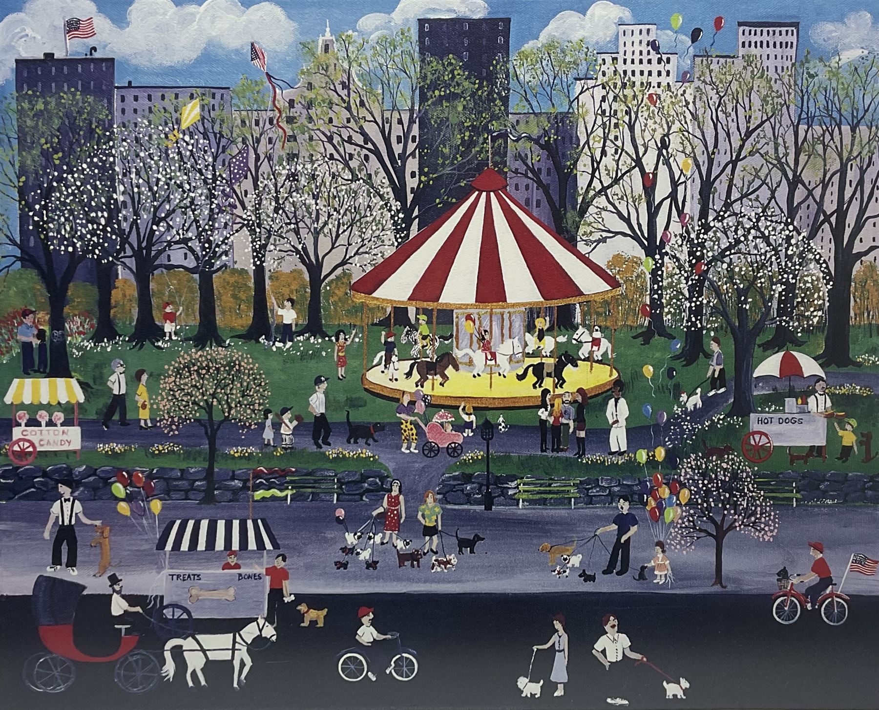 Jessica Wasilewski (American contemporary): 'Pugs in the Park', limited edition colour lithograph signed and numbered 286/400 pub. 2007, 51cm x 63cm