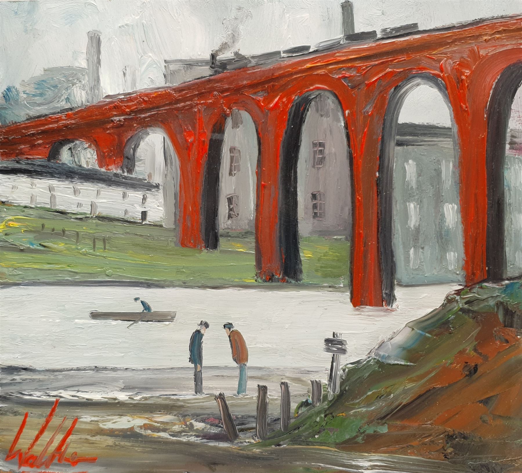 Walker Scott (Northern British Contemporary): Wading Beneath the Viaduct, oil on board signed 23cm x 25cm (unframed)
