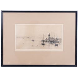 Rowland Langmaid (British 1897-1956): Newlyn and St Michael's Mount, etching signed in pencil 16cm x 30cm; Frank Henry Mason (Staithes Group 1875-1965):  Surrender of the German Fleet, etching 17.5cm x 35cm (2)
Notes: Original signature removed and wrongly attributed.