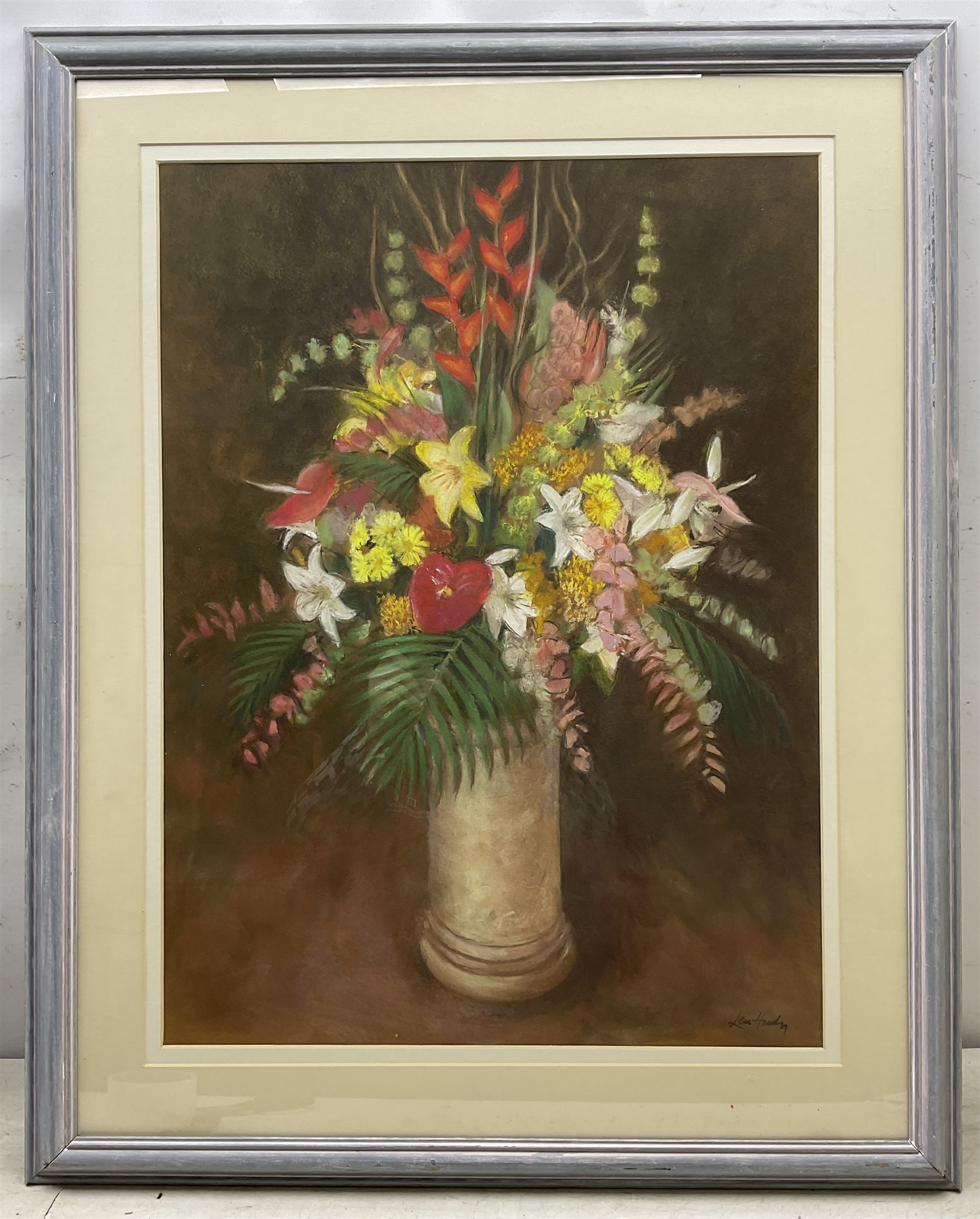 Leonard 'Len' Hardy (British 20th Century):Boats at Sunset and 'Flowers Cruise Ship Style', two pastels signed, one titled verso, max 67cm x 50cm (2)