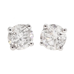  Pair of 18ct white gold round brilliant cut diamond stud earrings, hallmarked, diamond total weight 1.05 carat  