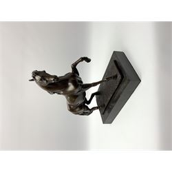 Bronze figure modelled as a prancing horse, upon a naturalistically modelled rectangular base, and black marble plinth, H34.5cm, L31cm