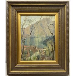 Mary Dawson Elwell (British 1874-1952): 'From Acquafredda' Italy, oil on panel signed and indistinctly dated 1923?, original title label verso 34cm x 26cm