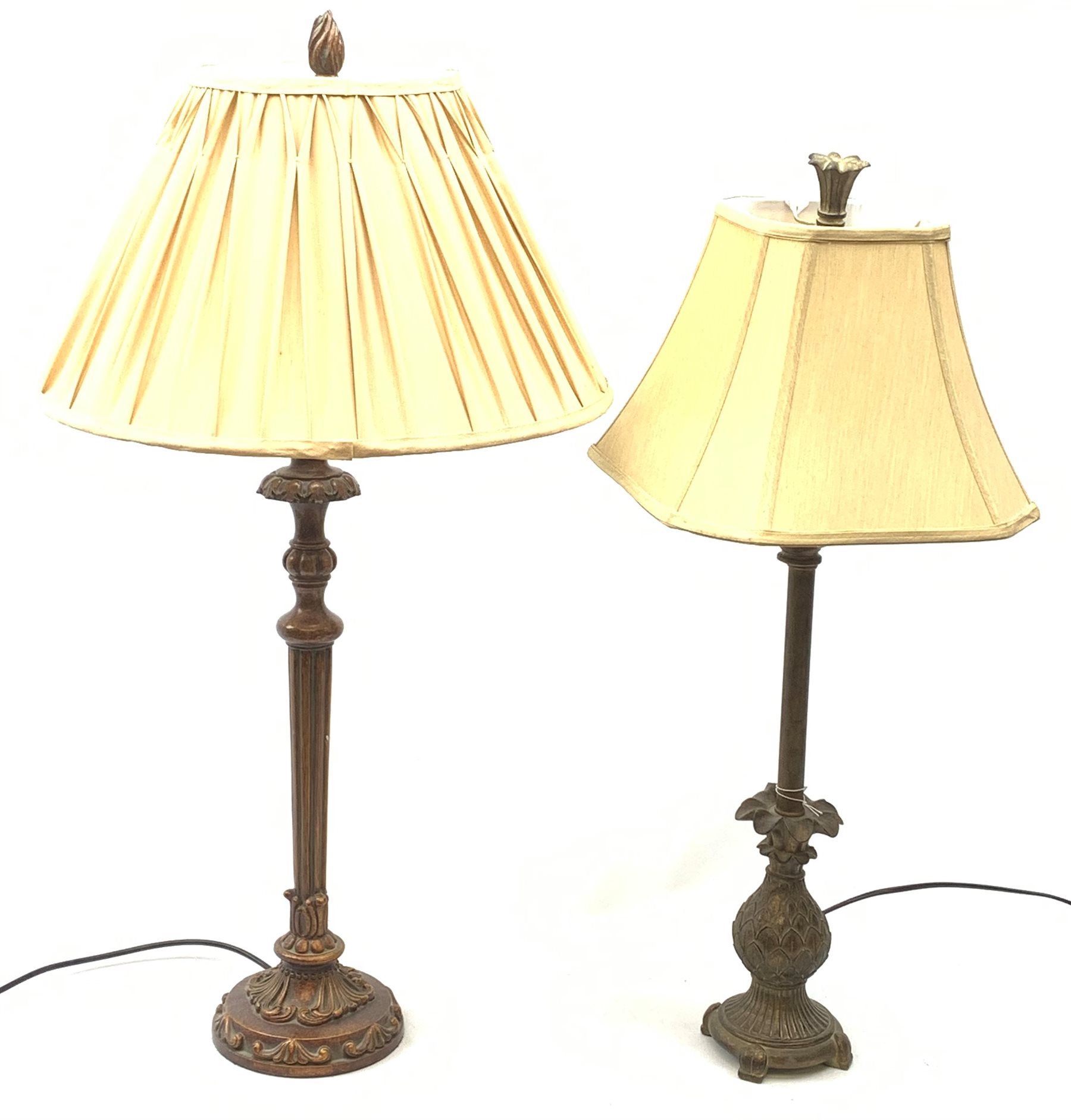 Two modern antique style table lamps, the first with artichoke modelled