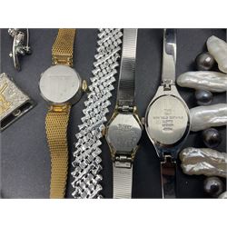 Silver-gilt drip design Lucy Q necklace, designed by Lucy Quartermaine, amber necklaces, silver-gilt stone set heart pendant, 10ct gold single stone set stud earrings, silver interchangeable pearl hoop earrings and a collection of costume jewellery and wristwatches 