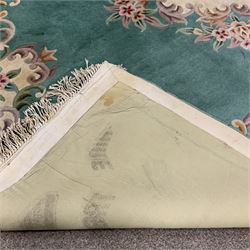 Large Chinese wash woollen turquoise ground rug carpet, 358cm x 255cm