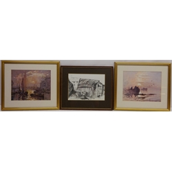  Boat Huts at Lindisfarne, pencil sketch signed and dated '84 by Fred Williams (British 1930-1986) 19cm x 26cm and Whitby Harbour, two colour prints after Robert Leslie Howey (British 1900-1981) 21cm x 27cm (3)  