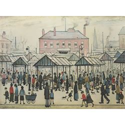 Laurence Stephen Lowry RBA RA (Northern British 1887-1976): 'Market Scene in a Northern Town', limited edition print in colours signed in pencil, from the edition of 750, pub. by Patrick Seale Prints 1973, 46cm x 61cm