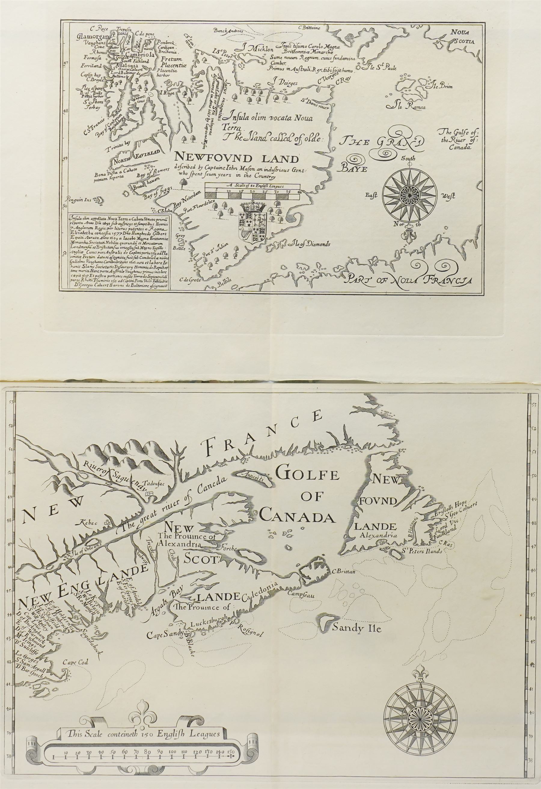 Rigobert Bonne (French 1727-1795): 'Isles de la Reine Charlotte', 18th century engraved map of the Queen Charlotte Islands (Haida Gwaii), engraved by Jean André c.1787, 29cm x 41cm; together with William Alexander (British 1567-1640): 'New Englande New Scotlande', later impression of the 1625 engraved map of New England and Nova Scotia, the first printed map to name Cape Cod, and John Mason (British c.1586-1635): 'Newfound Land', later impression of the 17th century engraved map of Newfoundland, Canada 52cm x 40cm (3) (framed as two)