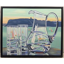 Joy Lomas (British Contemporary): Scarborough North Bay viewed through Glassware, oil on canvas signed 80cm x 100cm