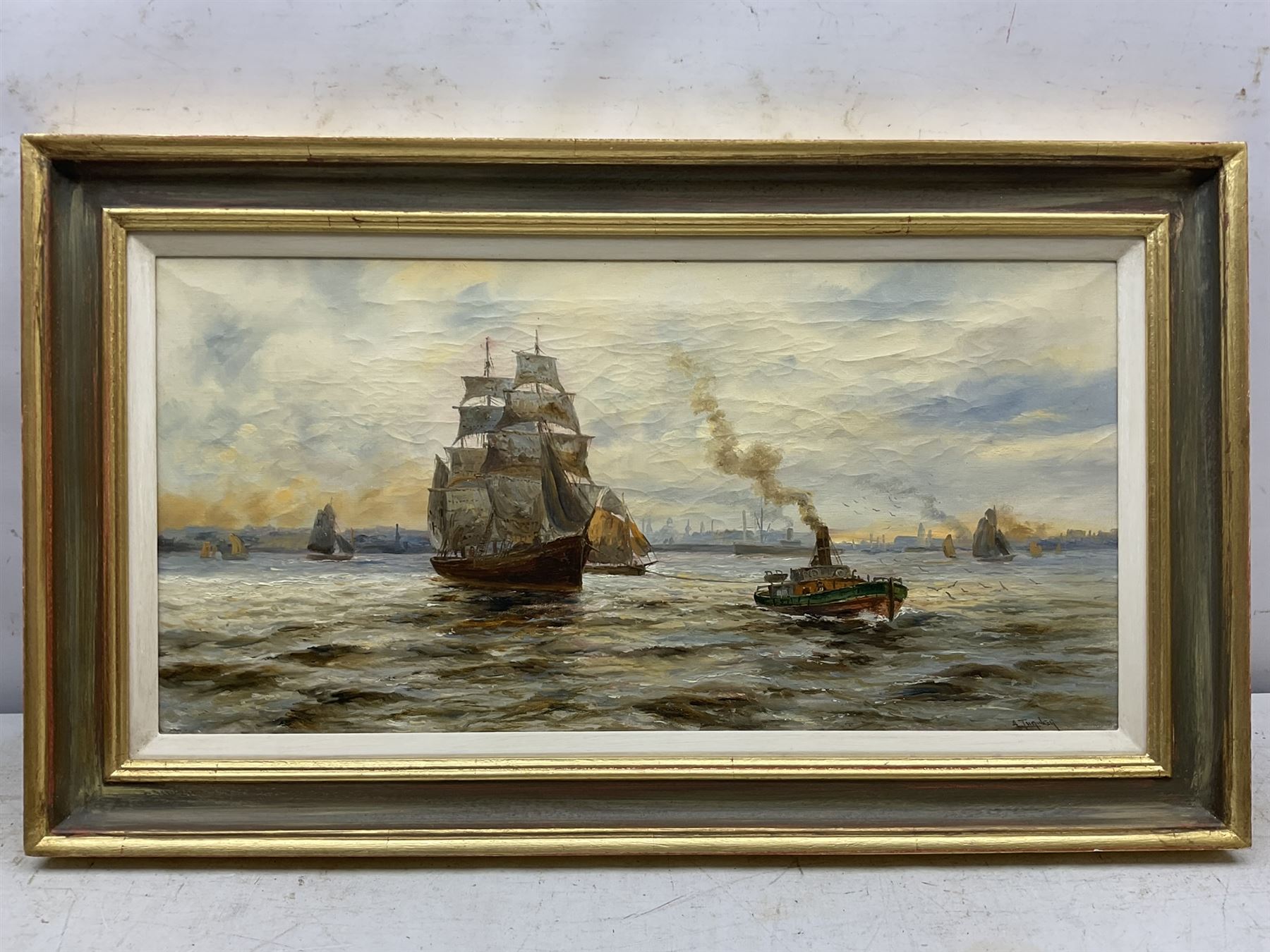 A Turner (British 19th century): Steam Tug Pulling a Two Masted Ship, oil on canvas signed 30cm x 60cm
