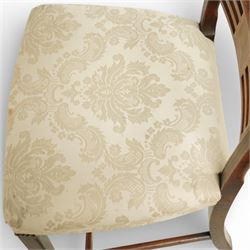 Georgian design mahogany dining chairs, a set of six including two carvers and four side chairs, each with rectangular moulded crest rail above a horizontal splat with central inlaid panel, upholstered seats, raised on square section supports united by stretchers