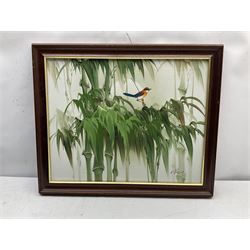 R Hall (British 20th century): Exotic Bird Perched on Bamboo Trees, oil on canvas signed together with S Atkinson (British 20th century): Roses, watercolour signed max 40cm x 50cm (2)