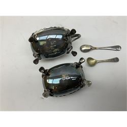 Quantity of assorted silver plated and other flatware, to include part sets, set of three silver plated cruets, glass sifter with silver plated cover, two glass decanters and stoppers, etc., in one box 