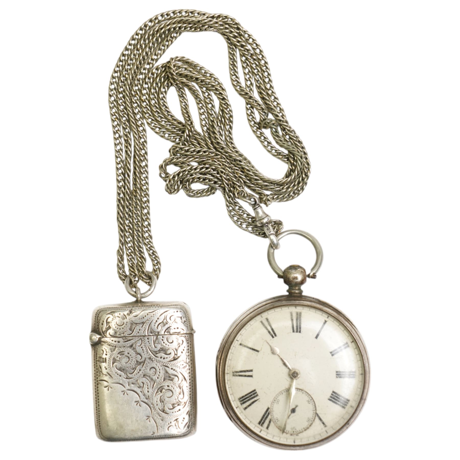 Victorian silver cased fusee lever pocket watch, case hallmarked London 1865, on nickle chain, with silver vesta case, hallmarked