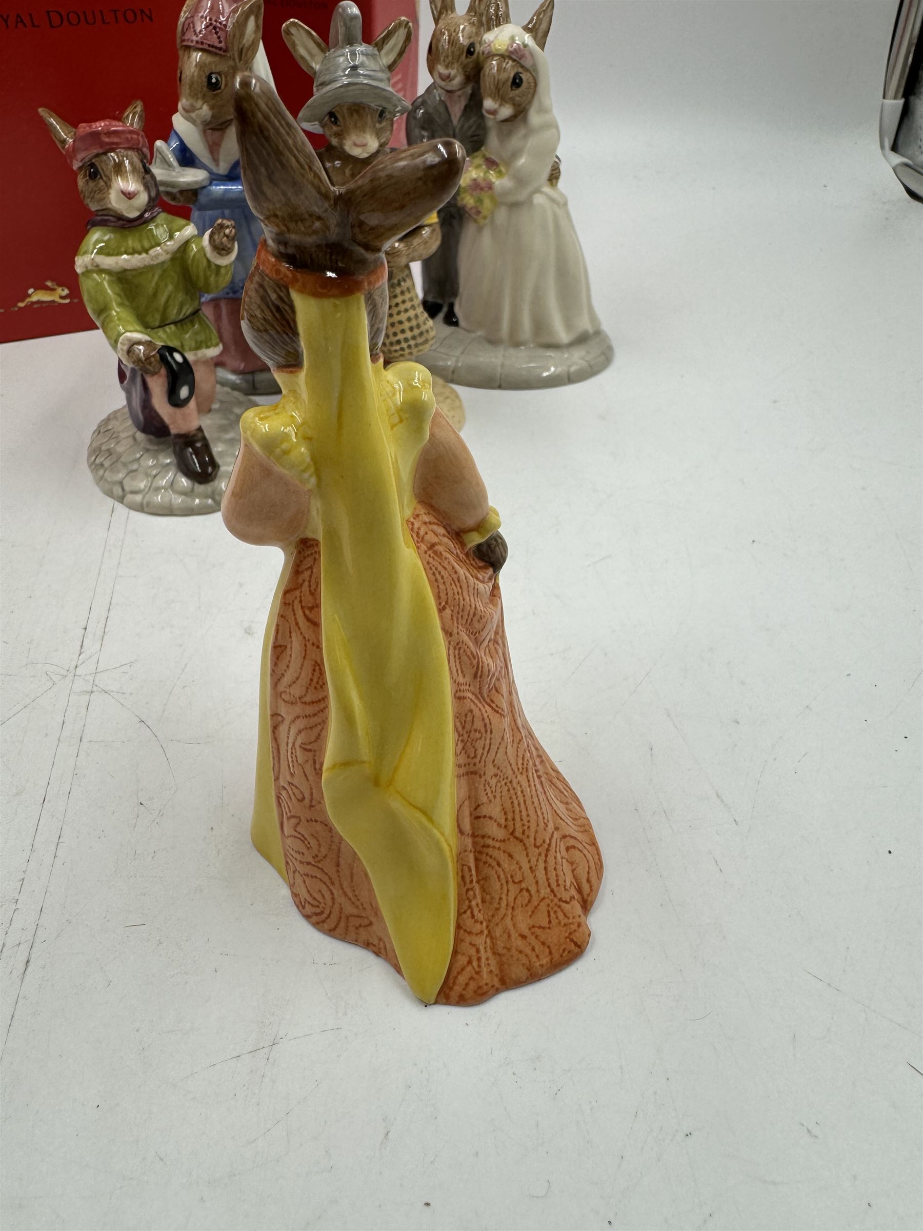 Five Royal Doulton Bunnykins comprising Sundial, Wedding Day, Gladiator, Romeo and Juliet 