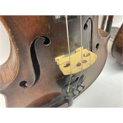 German trade violin in the Steiner style c1900 with 35.5cm two-piece maple back and ribs and spruce top L59cm overall; in fitted carrying case with two bows; and a Saxony violin with 35.5cm one-piece maple back and ribs and spruce top L58.5cm overall (2)