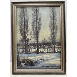 Marie Hartley (Yorkshire 1905-2006): 'Three Poplars in Winter from Owen Bowen's House', oil on canvas signed, titled on printed label verso 34cm x 24cm