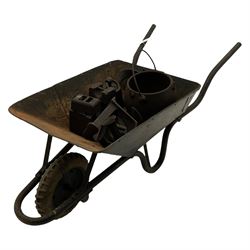 Iron Wheelbarrow,  Barn scale weights, three cobbler's lasts and cooking pot - THIS LOT IS TO BE COLLECTED BY APPOINTMENT FROM DUGGLEBY STORAGE, GREAT HILL, EASTFIELD, SCARBOROUGH, YO11 3TX